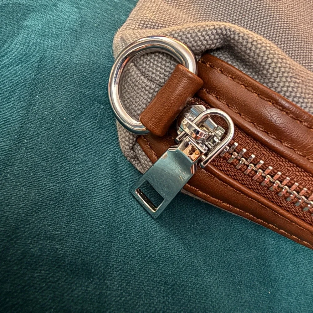 Antik‎ Kraft Taupe Canvas Clutch Bag Purse with Brown Trim and Zipper Closure